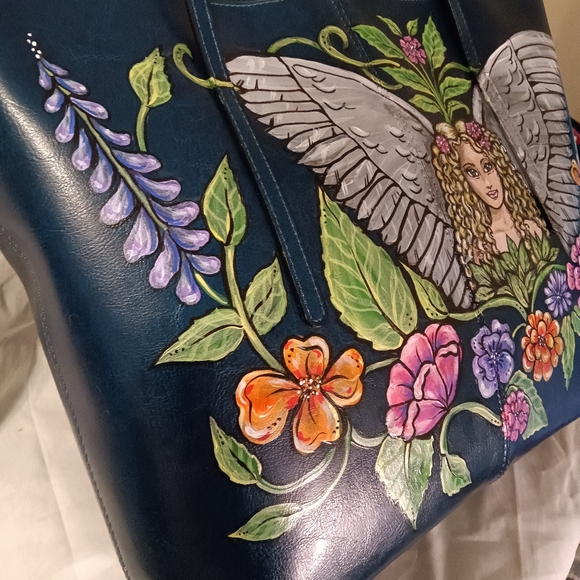 Unique HAND PAINTED Genuine LEATHER Tote Bag *NWT* Teal Blue Angel Fairy flowers - Picture 5 of 12